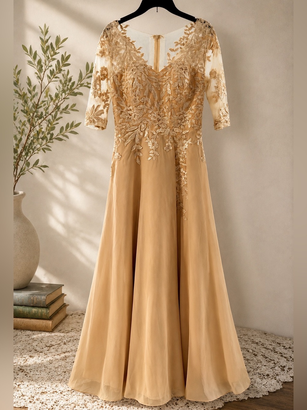Embroidered Illusion-Sleeve Formal Evening Dress in Gold